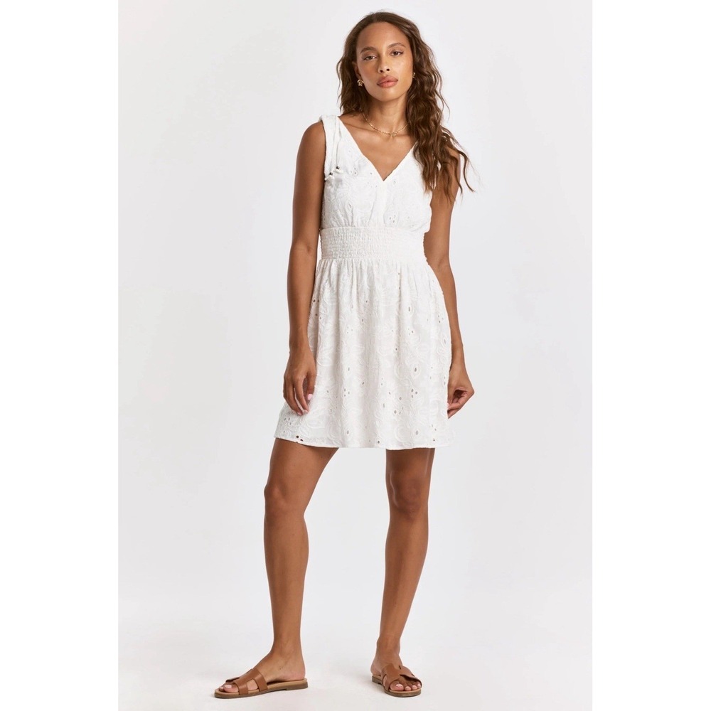 Dear John Weslie Novelty White Eyelet Cotton Mini‎ Dress M Smocked Waist V-Neck